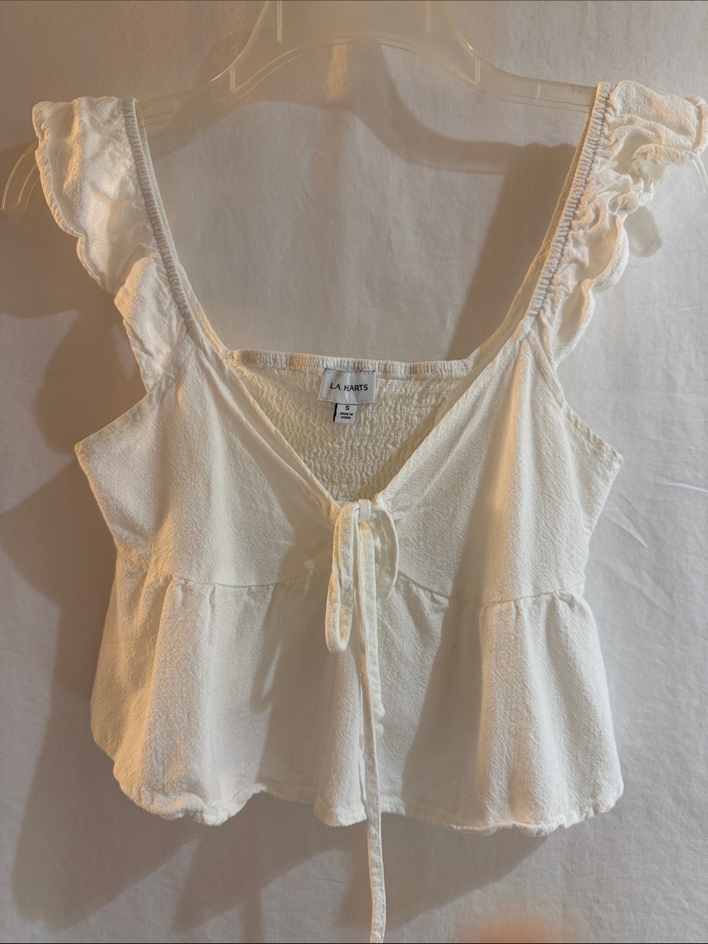 La Hearts white Tie-Front Ruffle Peplum Crop Top size small